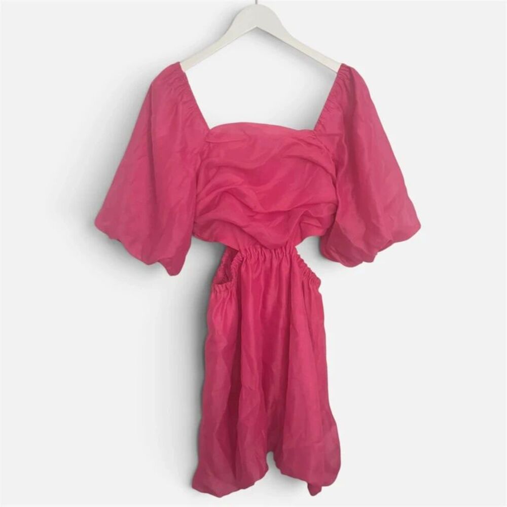 A New Day Hot Pink Puff Sleeve Cutout Side Mini Dress M Barbiecore Cottagecore